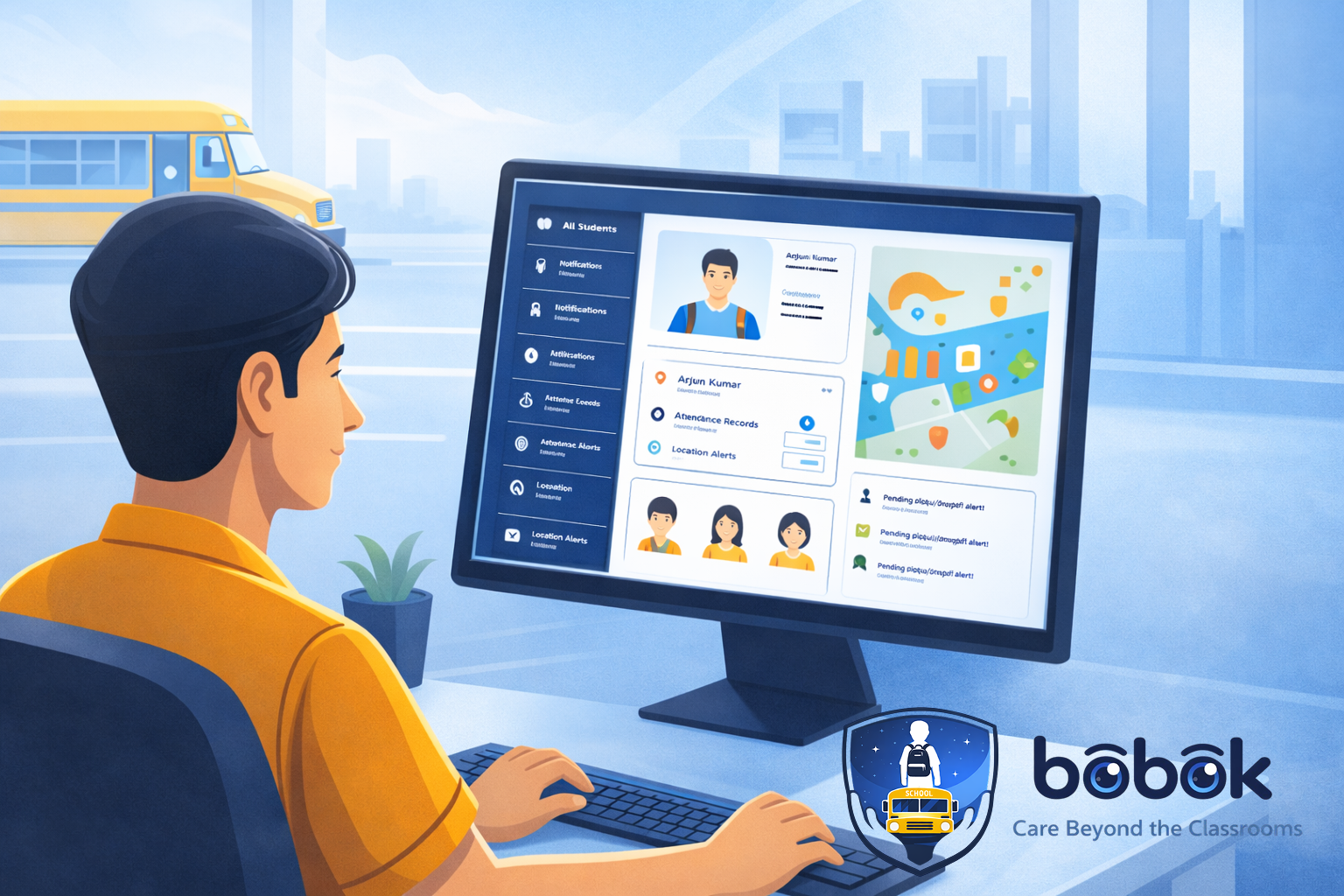 Driver using school bus app